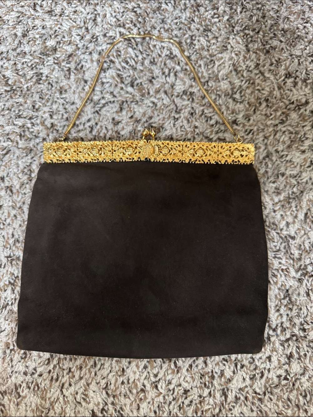 Vintage black Suede-like Evening Bag with Gold Filigree Trim coin purse